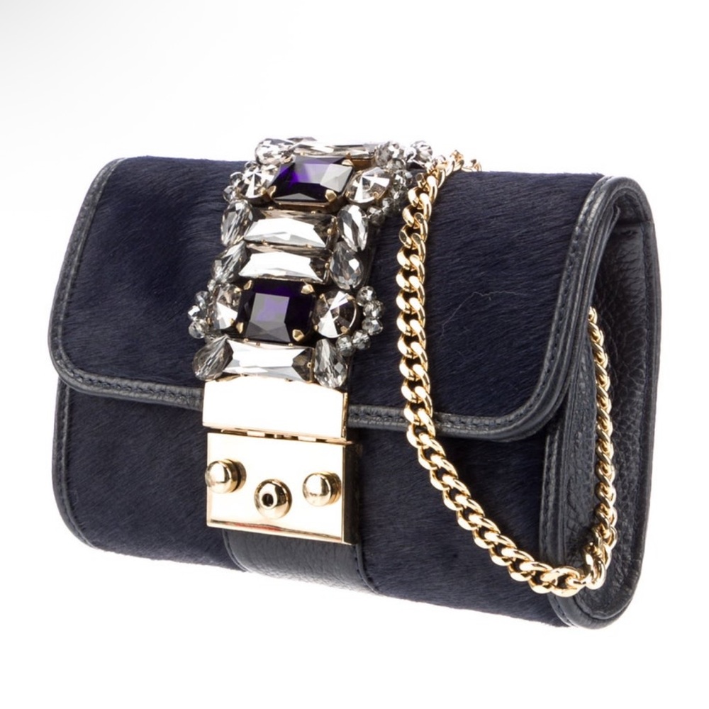 Gedebe Navy Pony Hair and Leather Embellished Handbag NWOT